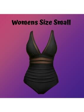 Womens Black Tummy Control V-Neck One Piece Swimsuit Bathing Suit Size Small